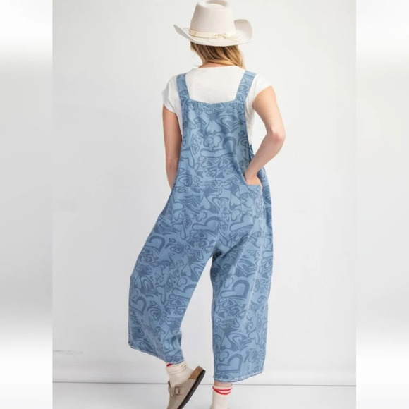 New Easel Heart Printed Denim Overalls Jumpsuit S - Picture 5 of 6